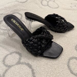 NWOT Black Braided Faux Leather Lucite Heels - Size 7
